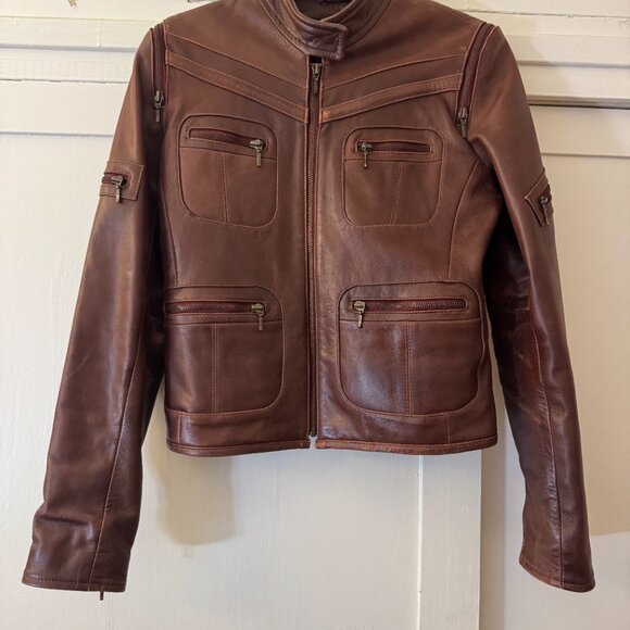 Vintage Brown Leather Jacket with Zippers - Picture 2 of 6